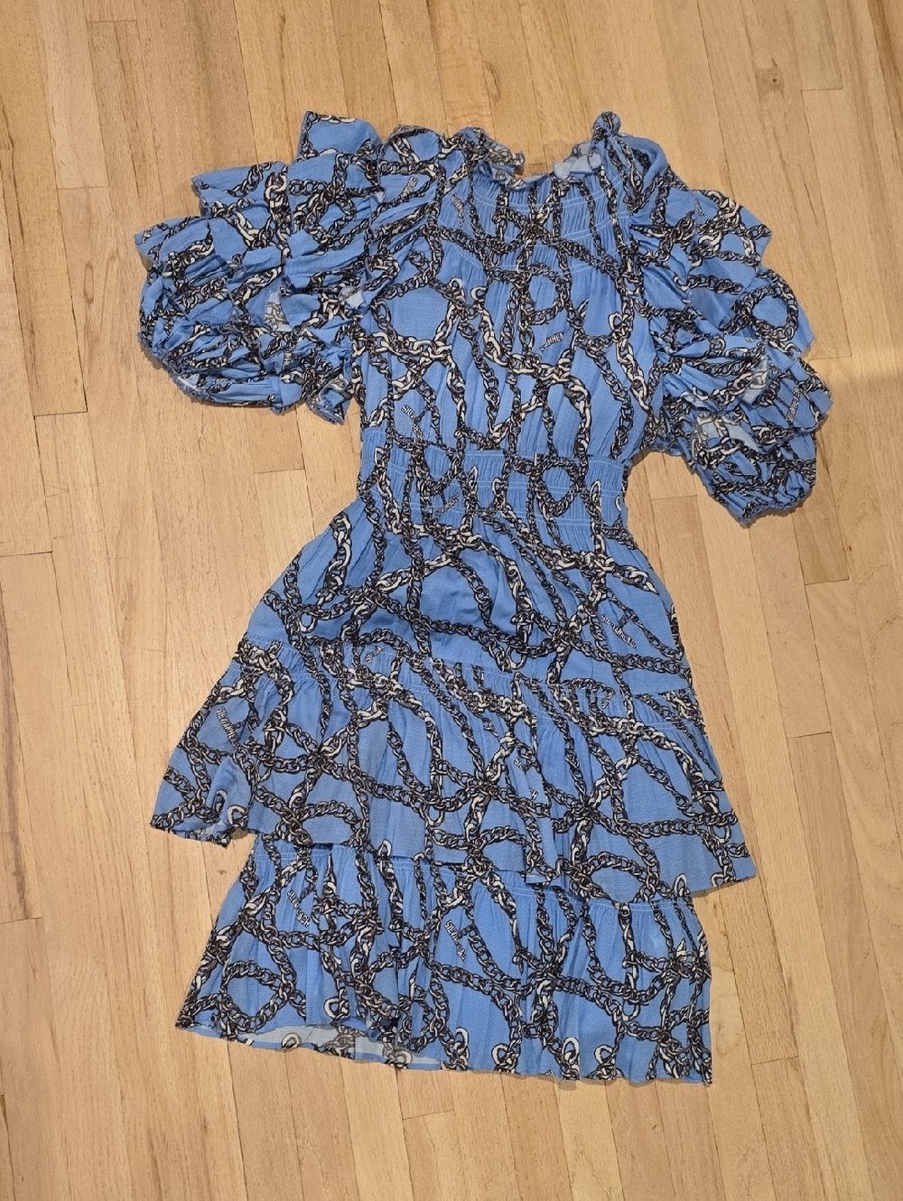 Sky Blue Chain-Print Puff Sleeve Midi Dress